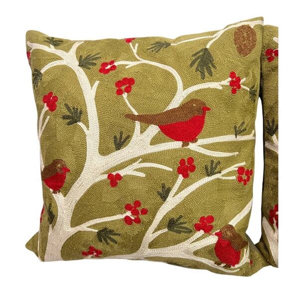 Pottery Barn Set of 2 Embroidered Birds Berries Tree Button Back Feather Pillows - Picture 1 of 9